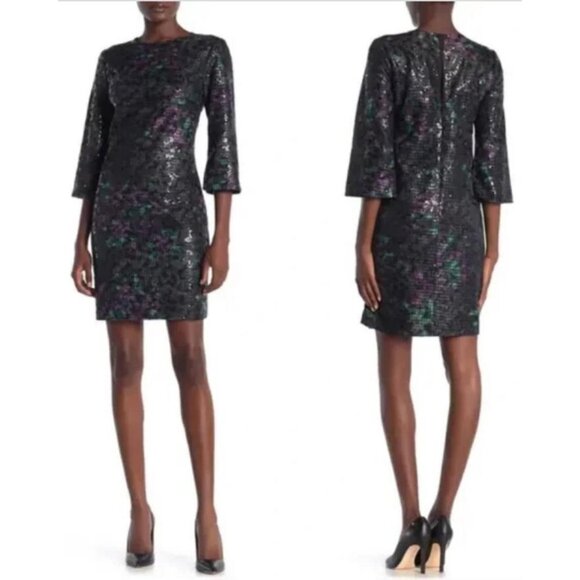 New Trina Turk Green Purple Sequin 3/4 Sleeve Perforated Cocktail Dress Size 4 - Picture 1 of 9